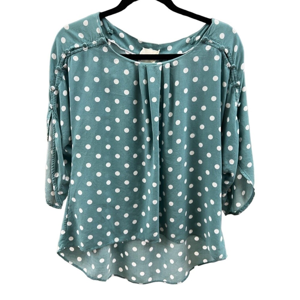 Maeve Anthropologie Green Polka Dot Blouse Top Teal S Small Half Sleeves Buttons